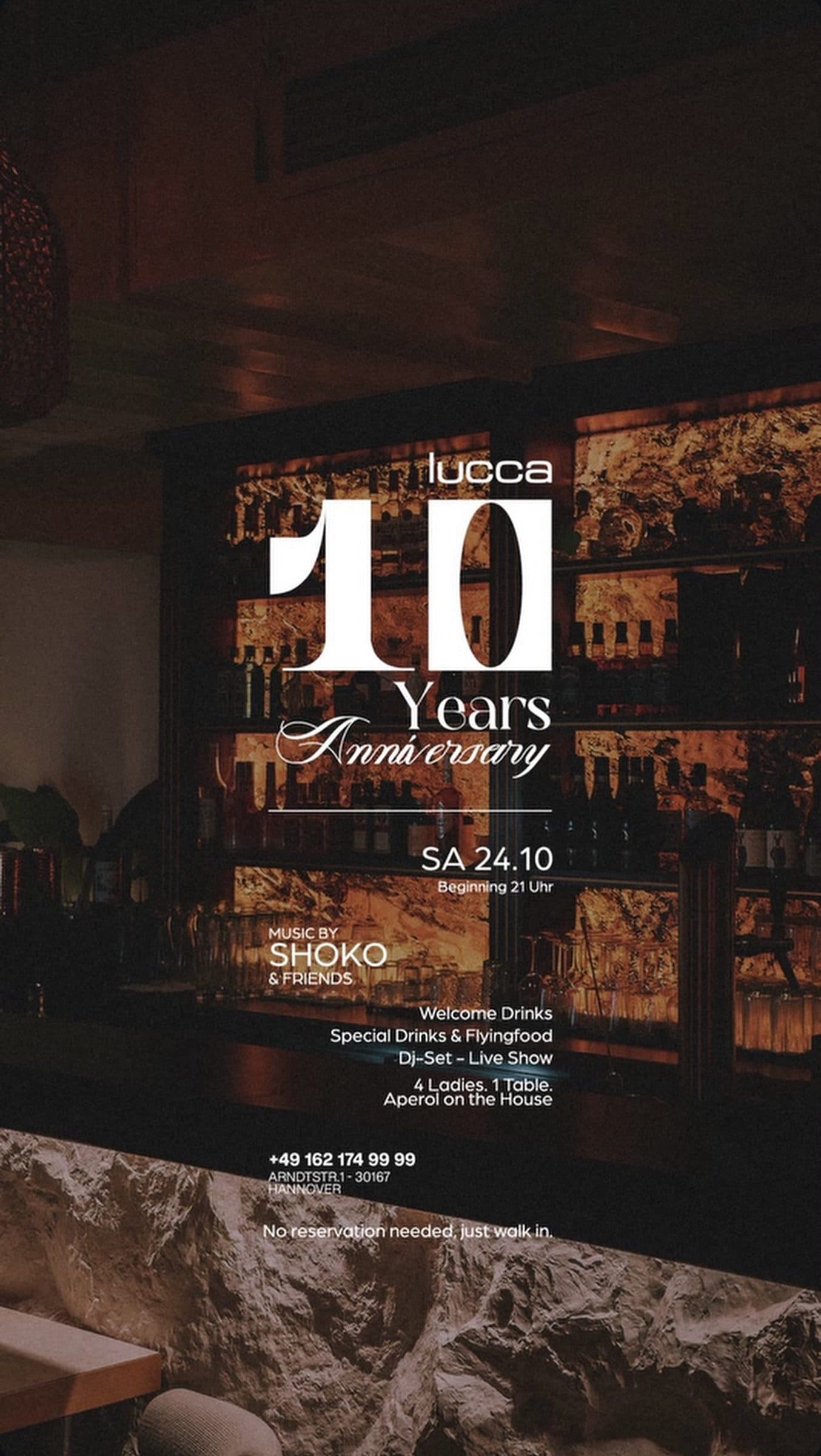 Poster: Lucca 10 Years Anniversary, Saturday 24.10. from 9 pm, music by Shoko & Friends